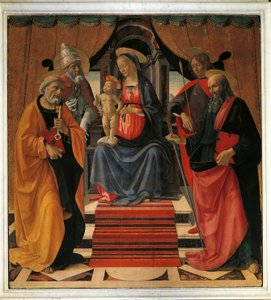 Heligt samtal. Jungfru Maria och Jesus Kristus omgiven av St. Peter, St. Paul, St. Sebastian och påven St. Clemens (målning av Domenico Ghirlandaio