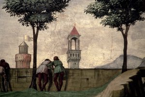 Män som tittar över en vägg, från visitationen av Domenico Ghirlandaio