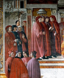 Tillkännagivandet i Zechariah (Zaccharia) Nedan till vänster finns tänkare och intellektuella Marsile Ficin (Ficino), Cristoforo Landino, Angelo Poliziano och Demetrios Chalkondyles (Calcondila). Detalj. Fresco av Domenico di Tommaso Bigordi dit Ghirlandai av Domenico Ghirlandaio