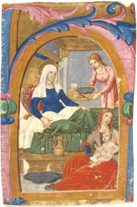 Jungfruns födelse i ett initialt H av Domenico Ghirlandaio