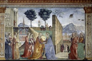 Berättelsen om Johannes Döparen: Besöket. Freskomålning av Domenico Ghirlandaio (1449-1494)