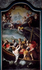 Sankt Nikolaus stillar stormen. Målning av Domenico Fiasella dit il Sarzana (1589-1669) Sestri Ponente, kyrkan Santa Maria dell