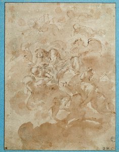 Jupiter anförtror Bacchus till Mercure Drawing med brun tvätt och blod av Domenico Canuti (1620-1684) Paris. Louvren