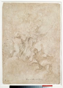 Jupiter anförtror Bacchus till Mercure Drawing med brun tvätt och blod av Domenico Canuti (1620-1684) Paris. Louvren