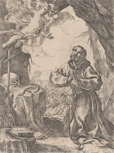 Saint Francis of Assisi, knästående inför ett krucifix med två änglar uppe till vänster, 1643-44.