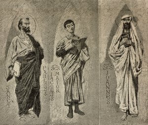 Sints Paul, James den store och Johannes, tecknade serier av Domenico Morelli för mosaiken av Amalfikatedralen, Italien, teckning av P Scoppetta, gravyr från L