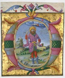 David med sin fot i en snara i ett initialt O, ca. 1500.