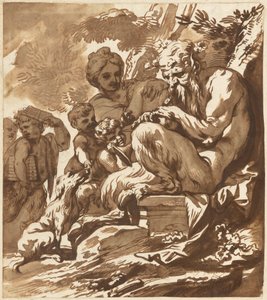 En Satyr som underhåller sin familj av Domenico Piola