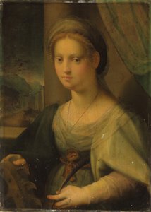 Porträtt av en dam som Saint Catherine of Alexandria (olja på panel)