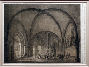 Domenico quaglio II, dopfunten och klostret i Mainz domkyrka, från samlingen av minnesvärda medeltida byggnader i Tyskland, 1823, litografi av Domenico Quaglio the Younger