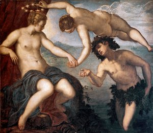 Bacchus, Venus och Ariane Målning av Tintoretto eller Tintoret (Jacopo Robusti) (1518-1594) 1577-1580 Sön. 146x167 cm Kakel av anticollege, Dogepalatset, Venedig