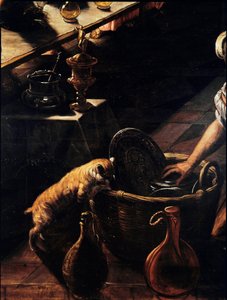 Den sista måltiden (La cene) Detalj av en katt som letar i en korg. Målning av Jacopo Robusti kallad Tintoret (Tintoretto) (1518-1594) 1592-1594 Sun. 365x568 cm Venedig, kyrkan San Giorgio