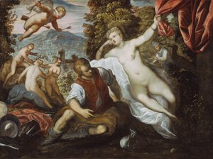 Venus och Mars med Amor och de tre gracerna i ett landskap av Domenico Robusti Tintoretto