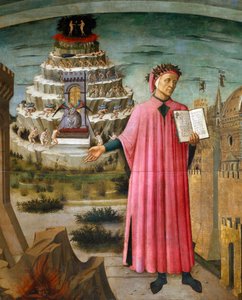 Dante Alighieri håller i sin dikt den gudomliga komedin. Nära honom, helvetet och staden Florens, i bakgrunden skärselden och paradiset