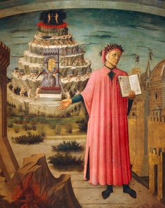 Dante Alighieri med Den gudomliga komedin i handen och skärseldens berg i bakgrunden, detalj från Den gudomliga komedin, av Dante Alighieri (1265-1321), av Domenico di Michelino (1417-1491), fresco, Basilica of Saint Mary of Flower, Florens. Italien,1465