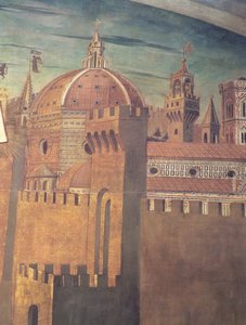 Detalj som visar Florens katedral, från en fresk av Dante med Divina Commedia i norra gången, 1465 freskdetalj av 42355 av Domenico di Michelino