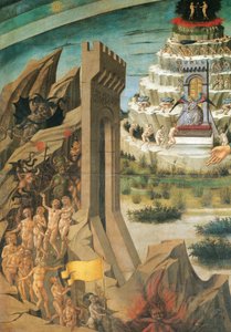 Figurer av fördömda, detalj från Dante med gudomlig komedi, fresk av Domenico di Michelino (1417-1491), katedralen Santa Maria del Fiore, Florens, Italien