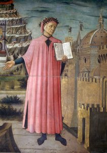 Italien, regionen Toscana, Florens, katedralen, porträtt av Dante Alighieri, Florens och allegori om den gudomliga komedin av Domenico di Michelino, valpsjuka på duk