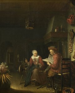 Interiör med en man som läser och en kvinna som spinner garn av Domenicus van Tol