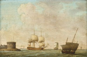 Fregatt passerar ett trångt luggerfartyg av Dominic (attributed to) Serres