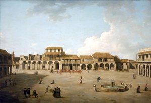 Havannatorget (Kuba), augusti och september 1762, under brittisk ockupation med en trupp soldater i röda uniformer, beskrivning av byggnaderna och några engelska sjömän vid fontänen av Dominic Serres