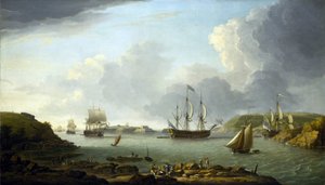 En flottas återkomst till Plymouth (England), beskrivning av staden och bukten, inklusive Drake Island och Edgcumbe Mountain. Olja på duk av Dominic Serres