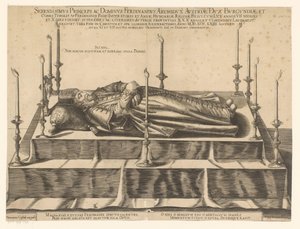 Doodsportret van Ferdinand II van Tirol Den mest fridfulla prins och lord Ferdinand ärkehertig av Österrike (...) (titel på objekt) av Dominicus Custos (possibly)