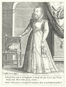 Helena Antonia av Liège, den skäggiga kvinnliga hovdvärgen till Maria av Österrike, den heliga romerska kejsarinnan (gravyr)