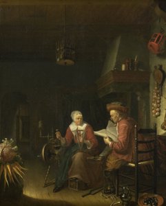 Interiör med en man som läser och en kvinna som spinner garn av Dominicus van Tol