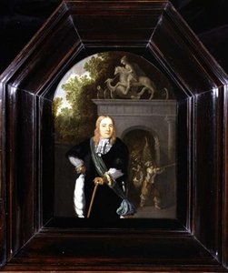 Porträtt av kapten Jacobus Van Der Burgh stående framför Doeler Poort, Leiden av Dominicus van Tol