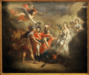 Amiens fred. Traite undertecknade den 25 mars 1802 mellan Storbritannien och dess allierade Osmanska riket å ena sidan och Frankrike, Spanien och Holland å andra sidan. Målningen föreställer Napoleon I Bonaparte, krönt av en ängel som blåser i trumpeten