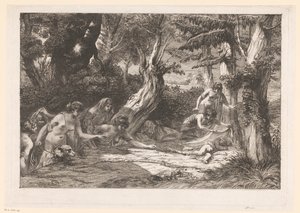 Diana och hennes nymfer hittar den sovande Amoren i skogen
