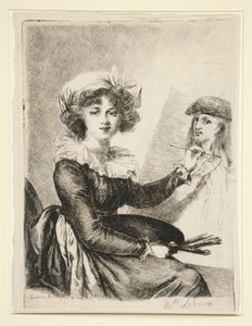 Louise-Elisabeth Vigée-Lebrun, (Mlle Lebrun), efter och spegelvänd efter självporträttet från 1790 i Uffizierna av Dominique Vivant Denon
