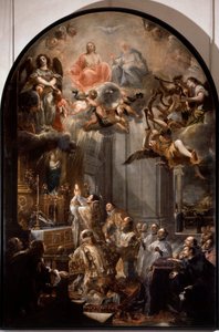 Trefaldighetsordens grundmässa Den religiösa treenighetsorden (eller den allra heligaste treenigheten) grundades av Johannes av Matha (1154-1213). Målning av Juan Carreno de Miranda (1614-1683) Sön. 5x3,1 m