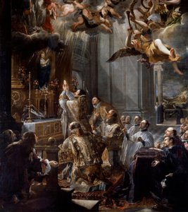 Trefaldighetsordens grundmässa Den religiösa treenighetsorden (eller den allra heligaste treenigheten) grundades av Johannes av Matha (1154-1213). Detalj av en målning av Juan Carreno de Miranda (1614-1683) Dim. 5x3,1 m