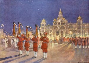 Välkomsthälsningen i Mysore (färglitografi) av Donald (after) Maxwell