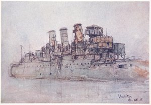 H.M.S. Vindictive, 25 april 1918, illustration från "The Naval Front" av Gordon S. Maxwell, 1920.