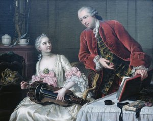 Porträtt av Monsieur och Madame de Corcelles som spelar musik i en interiör