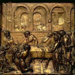 Herodes fest, från en serie reliefer som illustrerar Johannes Döparens liv på den sexkantiga dopfunten i Doprummet, 1417-30 (förgylld brons).