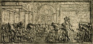 Miraklet med den girige mannens hjärta, Sankt Antonius altare, bronsrelief av Donatello, Sankt Antonius basilika i Padua, Padua, Veneto, Italien, träsnitt ur Le cento citta d