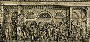 Miraklet med det nyfödda barnet som talar, Sankt Antonius altare, bronsrelief av Donatello, Sankt Antonius basilika i Padua, Padua, Veneto, Italien, träsnitt från Le cento citta d