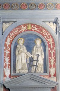 St. Lawrence och St. Stephen, lågreliefskulptur ovanför norra dörren, ca 1440 (terrakotta) av Donatello