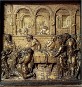 Herodes Antipas II:s bankett (21 f.Kr.-39 e.Kr.). Detalj av den nedre reliefen av dopfunten realiserad av Donato di Niccolo di Betto Bardi dit Donatello (1386-1466)