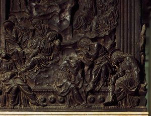 Gudstjänst i trädgården, detalj från vänster predikstol, av Donatello (1386-1466), Basilica of St Lawrence, Florens, Italien av Donatello