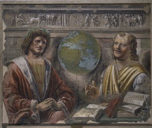 Herakleitos och Demokritos, 1486