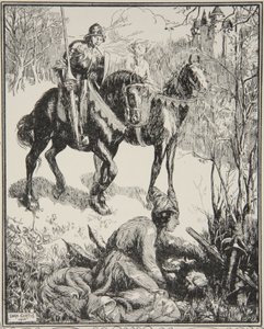 En dam som gråter bittert, illustration från "Stories of King Arthur and the Round Table" av Beatrice Clay av Dora Curtis
