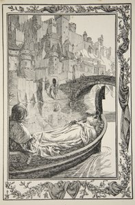 Pråmen flöt nerför floden, illustration från "Stories of King Arthur and the Round Table" av Beatrice Clay av Dora Curtis