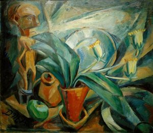 Stilleben med calla och figur
