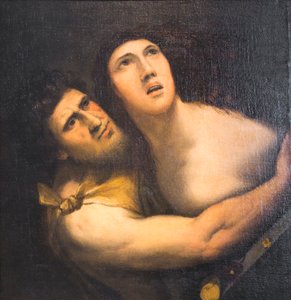 Satyr och nymf (olja på duk) av Dosso (after) Dossi