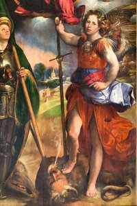 Madonna med Jesusbarnet och St. George och St. Michael ärkeängel, detalj av 2384617, c.1518 (olja på panel) av Dosso Dossi